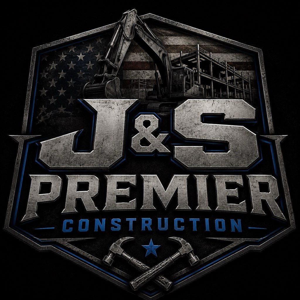 J&S Premier Construction logo featuring excavator, American flag, and industrial design elements